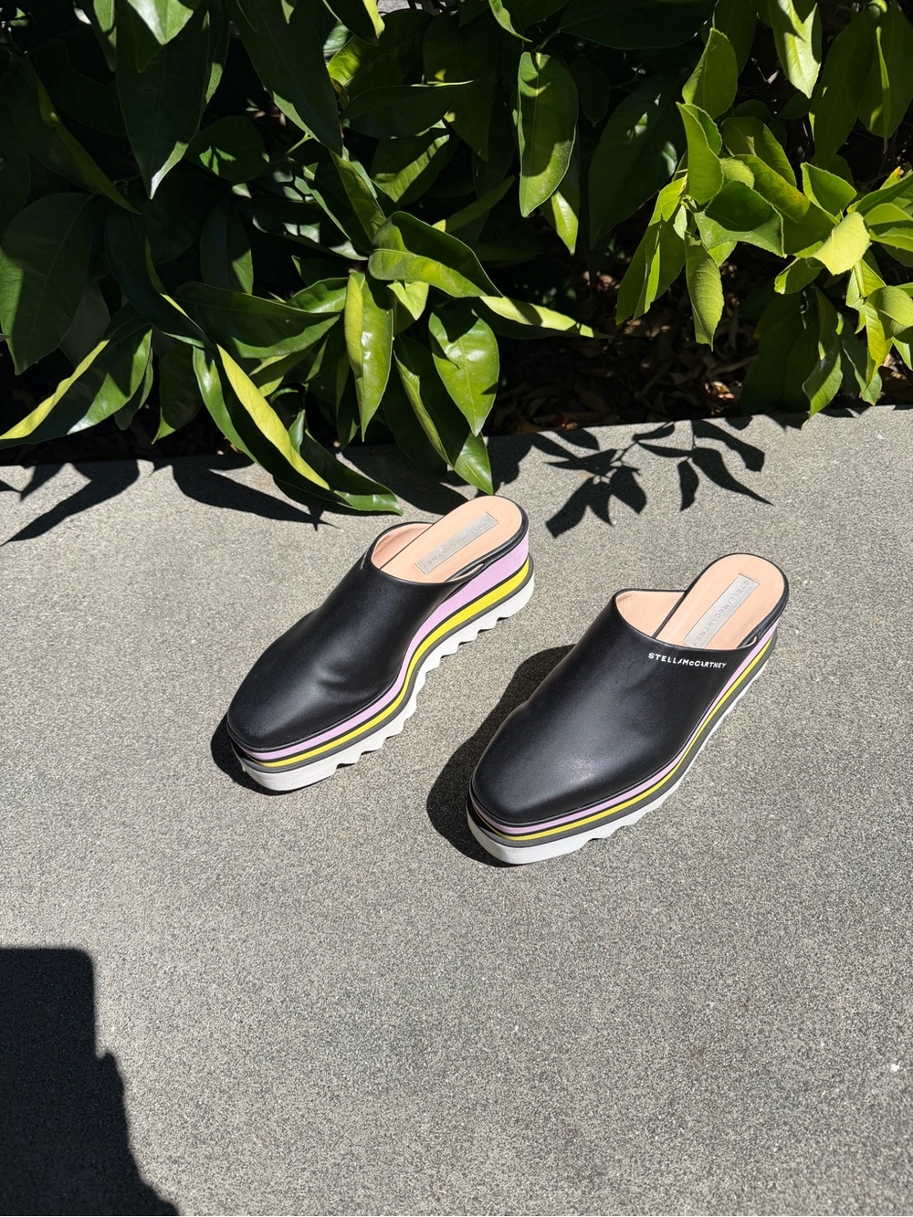 Stella McCartney Black Mule Clogs with Yellow and Pink Trim